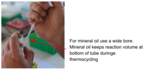 Accurately aspirating and dispensing mineral oil for PCR amplification process